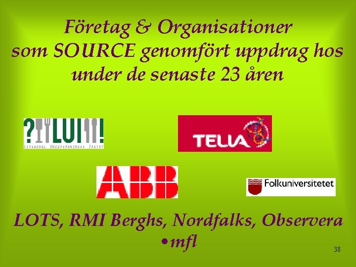 Företag & Organisationer som SOURCE genomfört uppdrag hos under de senaste 23 åren LOTS,