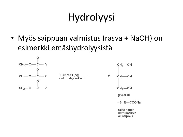 Hydrolyysi • Myös saippuan valmistus (rasva + Na. OH) on esimerkki emäshydrolyysistä 