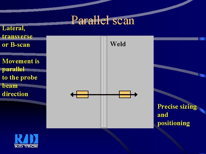 Lateral, transverse or B-scan Parallel scan Weld Movement is parallel to the probe beam Lateral, transverse or B-scan Parallel scan Weld Movement is parallel to the probe beam
