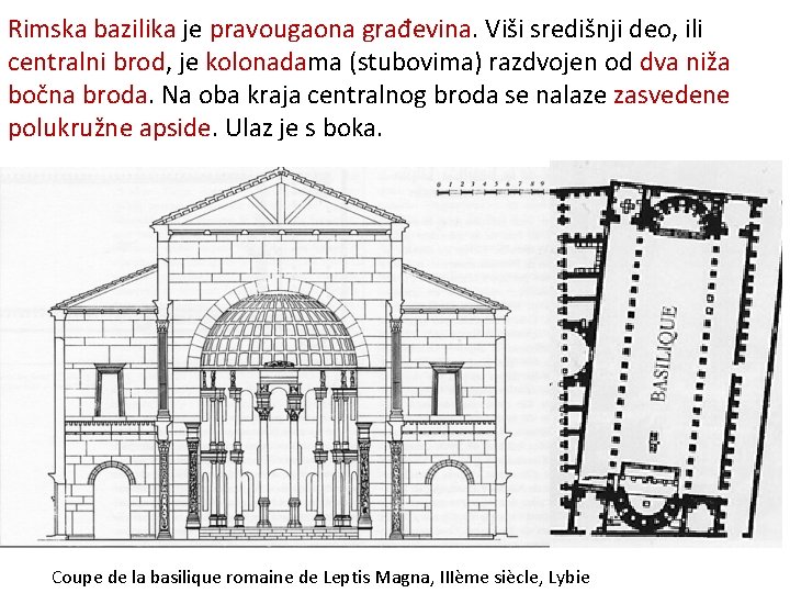 Rimska bazilika je pravougaona građevina. Viši središnji deo, ili centralni brod, je kolonadama (stubovima)