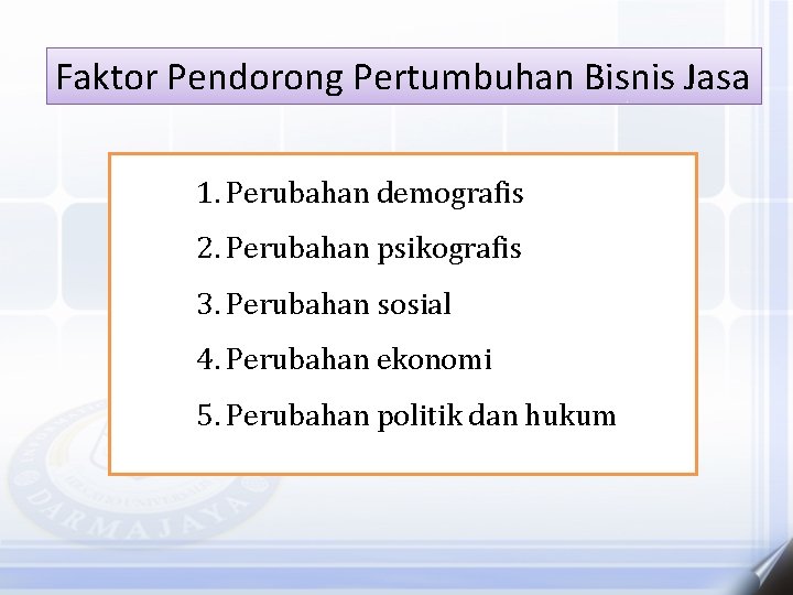 Faktor Pendorong Pertumbuhan Bisnis Jasa 1. Perubahan demografis 2. Perubahan psikografis 3. Perubahan sosial
