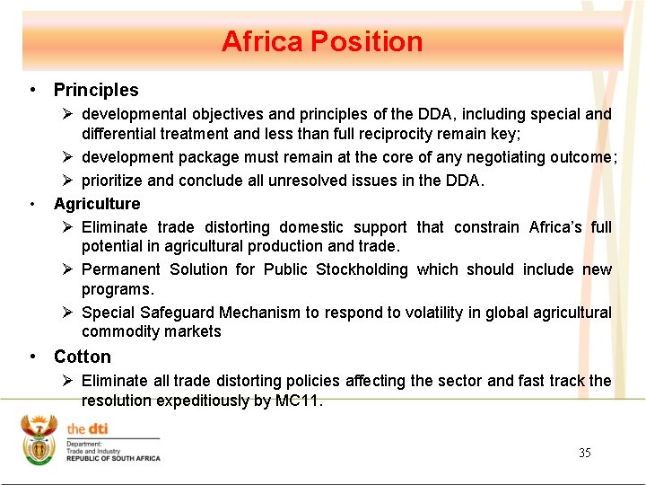 Africa Position • Principles • Ø developmental objectives and principles of the DDA, including