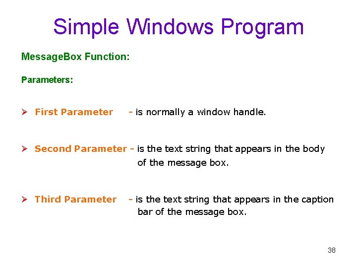 Simple Windows Program Message. Box Function: Parameters: Ø First Parameter - is normally a