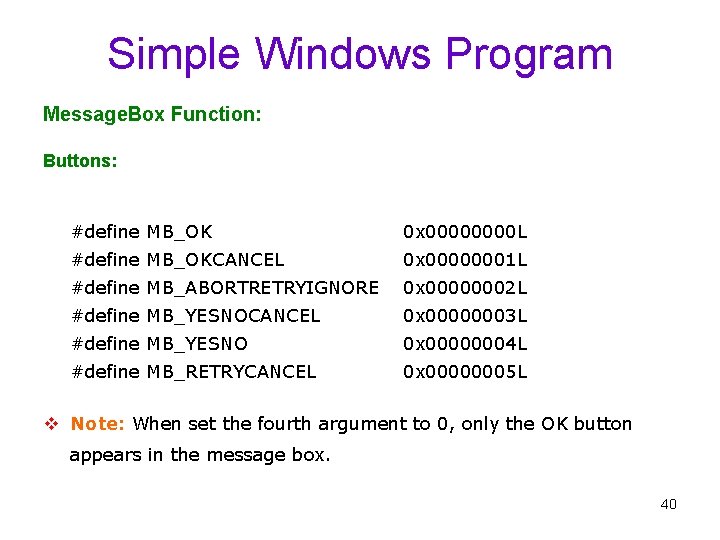 Simple Windows Program Message. Box Function: Buttons: #define MB_OK 0 x 0000 L #define