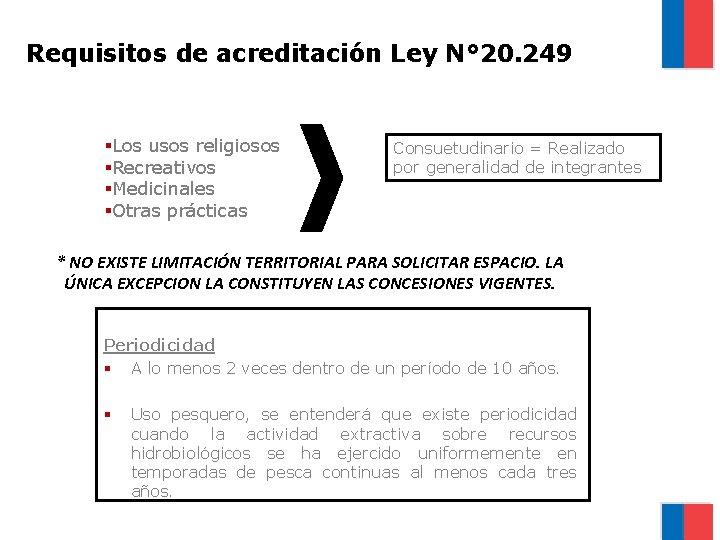 Requisitos de acreditación Ley N° 20. 249 §Los usos religiosos §Recreativos §Medicinales §Otras prácticas