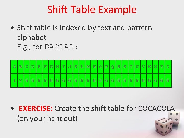 Shift Table Example • Shift table is indexed by text and pattern alphabet E.