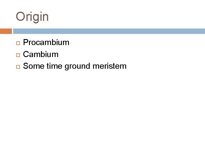 Origin Procambium Cambium Some time ground meristem Origin Procambium Cambium Some time ground meristem