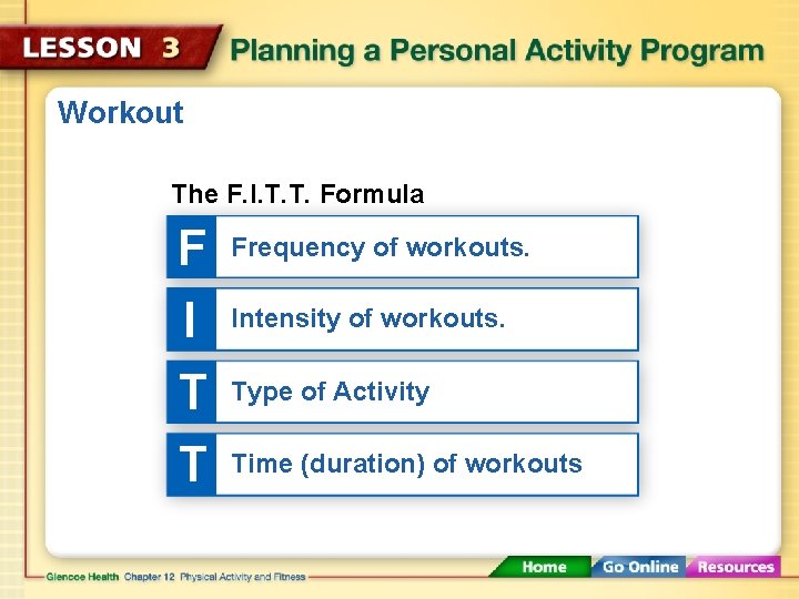 Workout The F. I. T. T. Formula F I T T Frequency of workouts.