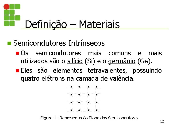 Definição – Materiais n Semicondutores Intrínsecos n Os semicondutores mais comuns e mais utilizados