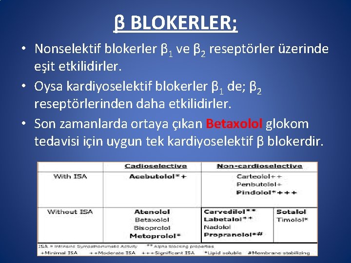 β BLOKERLER; • Nonselektif blokerler β 1 ve β 2 reseptörler üzerinde eşit etkilidirler.
