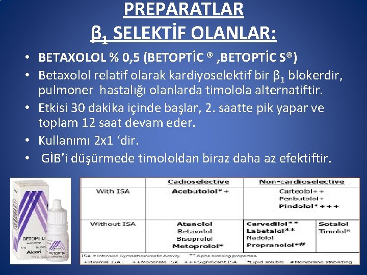 PREPARATLAR β 1 SELEKTİF OLANLAR: • BETAXOLOL % 0, 5 (BETOPTİC ® , BETOPTİC