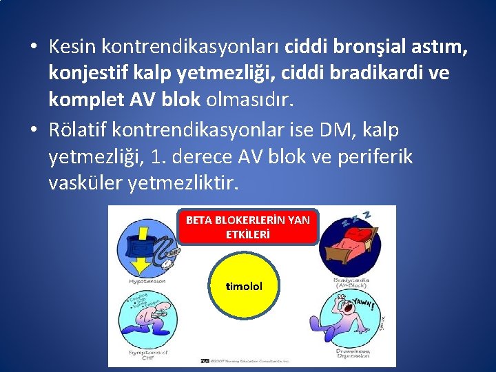  • Kesin kontrendikasyonları ciddi bronşial astım, konjestif kalp yetmezliği, ciddi bradikardi ve komplet