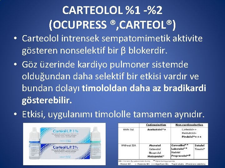 CARTEOLOL %1 -%2 (OCUPRESS ®, CARTEOL®) • Carteolol intrensek sempatomimetik aktivite gösteren nonselektif bir