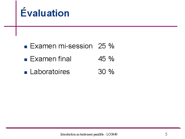 Évaluation n Examen mi-session 25 % n Examen final 45 % n Laboratoires 30 Évaluation n Examen mi-session 25 % n Examen final 45 % n Laboratoires 30