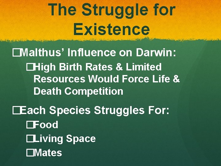 The Struggle for Existence �Malthus’ Influence on Darwin: �High Birth Rates & Limited Resources