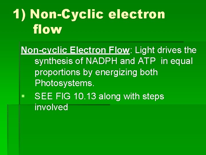 1) Non-Cyclic electron flow Non-cyclic Electron Flow: Light drives the synthesis of NADPH and 1) Non-Cyclic electron flow Non-cyclic Electron Flow: Light drives the synthesis of NADPH and