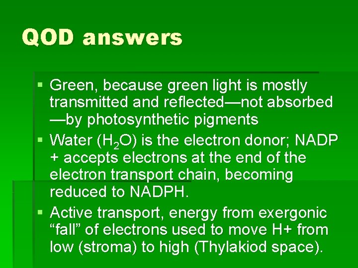 QOD answers § Green, because green light is mostly transmitted and reflected—not absorbed —by QOD answers § Green, because green light is mostly transmitted and reflected—not absorbed —by