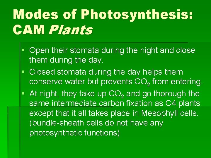 Modes of Photosynthesis: CAM Plants § Open their stomata during the night and close Modes of Photosynthesis: CAM Plants § Open their stomata during the night and close