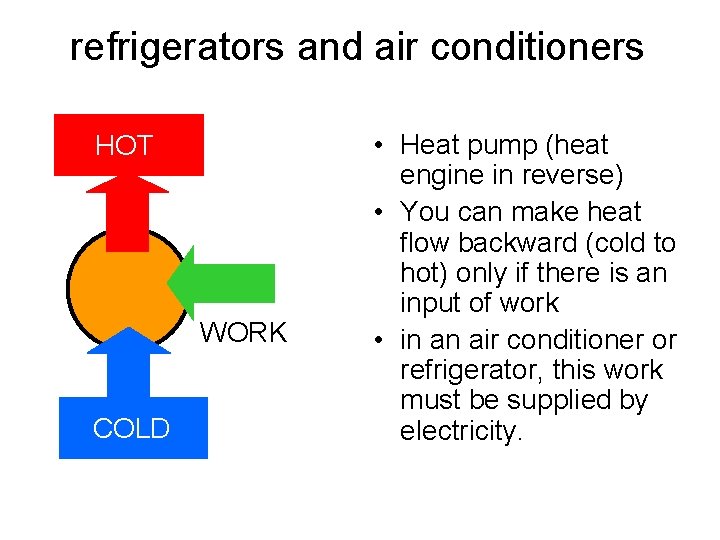 refrigerators and air conditioners HOT WORK COLD • Heat pump (heat engine in reverse)