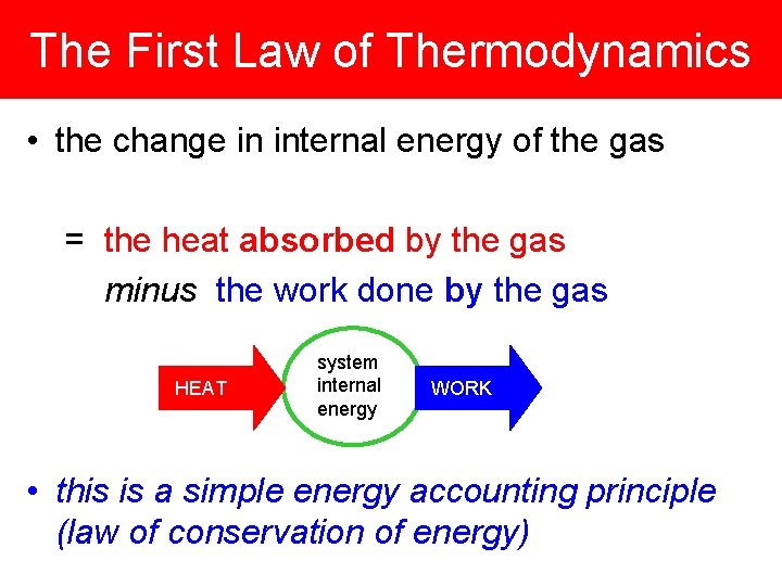The First Law of Thermodynamics • the change in internal energy of the gas