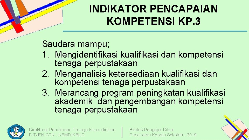 INDIKATOR PENCAPAIAN KOMPETENSI KP. 3 Saudara mampu; 1. Mengidentifikasi kualifikasi dan kompetensi tenaga perpustakaan