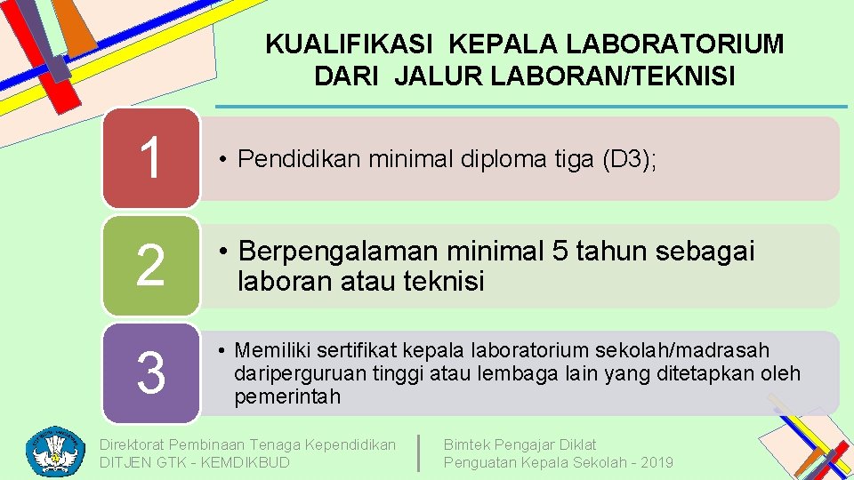 KUALIFIKASI KEPALA LABORATORIUM DARI JALUR LABORAN/TEKNISI 1 • Pendidikan minimal diploma tiga (D 3);