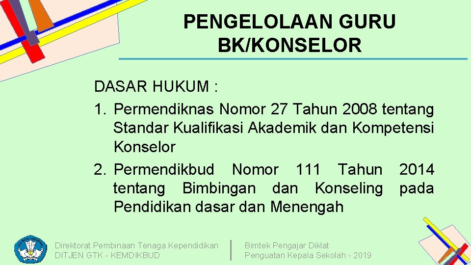 PENGELOLAAN GURU BK/KONSELOR DASAR HUKUM : 1. Permendiknas Nomor 27 Tahun 2008 tentang Standar