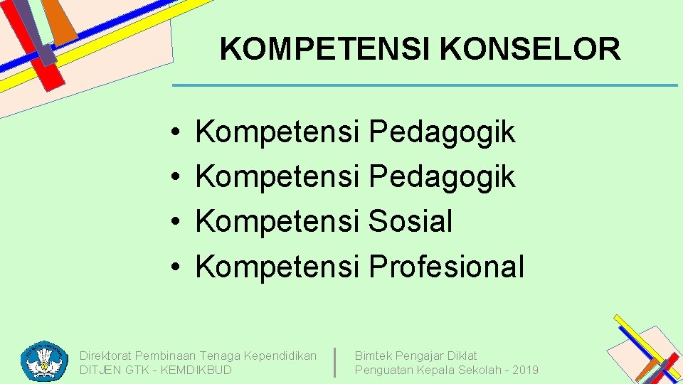 KOMPETENSI KONSELOR • • Kompetensi Pedagogik Kompetensi Sosial Kompetensi Profesional Direktorat Pembinaan Tenaga Kependidikan