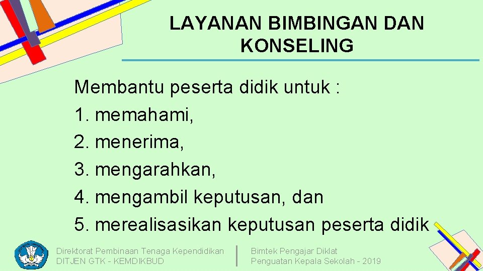 LAYANAN BIMBINGAN DAN KONSELING Membantu peserta didik untuk : 1. memahami, 2. menerima, 3.