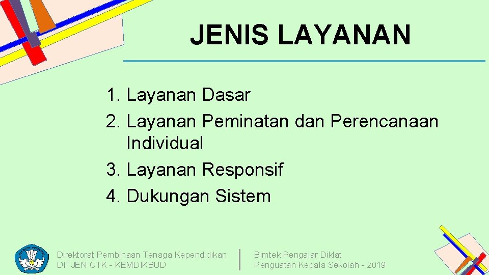 JENIS LAYANAN 1. Layanan Dasar 2. Layanan Peminatan dan Perencanaan Individual 3. Layanan Responsif