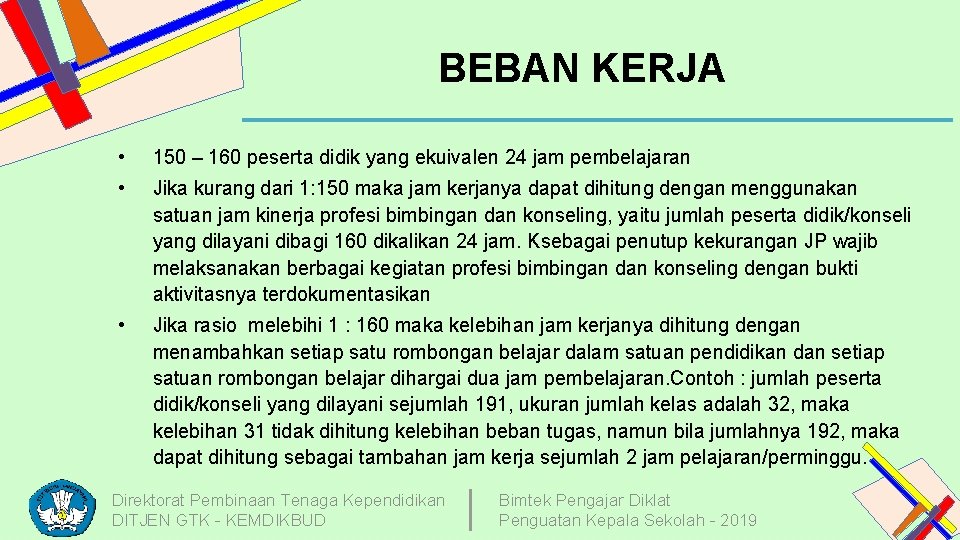 BEBAN KERJA • 150 – 160 peserta didik yang ekuivalen 24 jam pembelajaran •