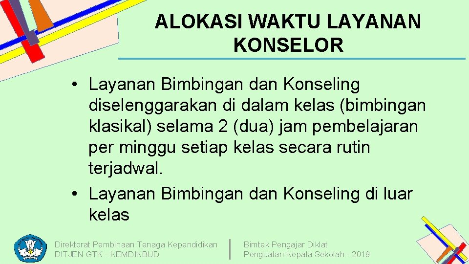 ALOKASI WAKTU LAYANAN KONSELOR • Layanan Bimbingan dan Konseling diselenggarakan di dalam kelas (bimbingan