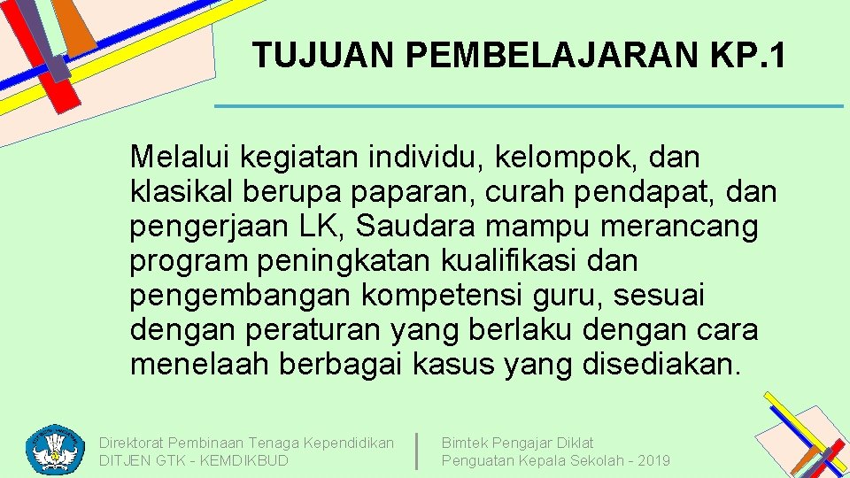 TUJUAN PEMBELAJARAN KP. 1 Melalui kegiatan individu, kelompok, dan klasikal berupa paparan, curah pendapat,