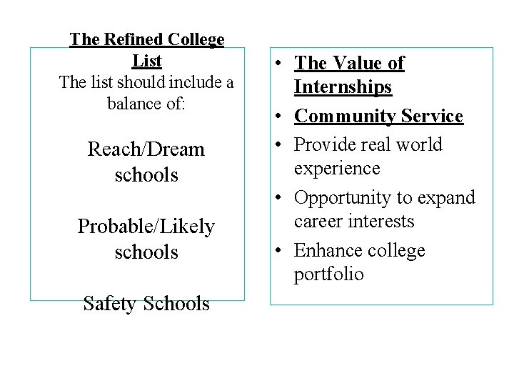The Refined College List The list should include a balance of: Reach/Dream schools Probable/Likely The Refined College List The list should include a balance of: Reach/Dream schools Probable/Likely