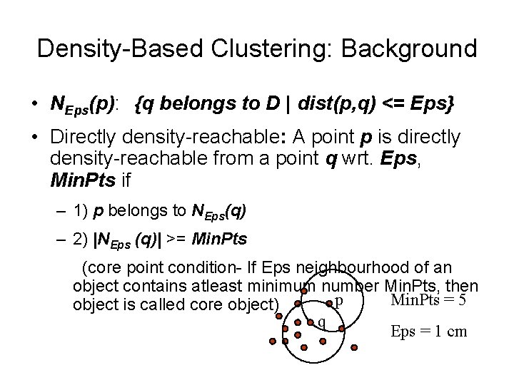 Density-Based Clustering: Background • NEps(p): {q belongs to D | dist(p, q) <= Eps}