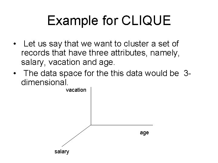 Example for CLIQUE • Let us say that we want to cluster a set