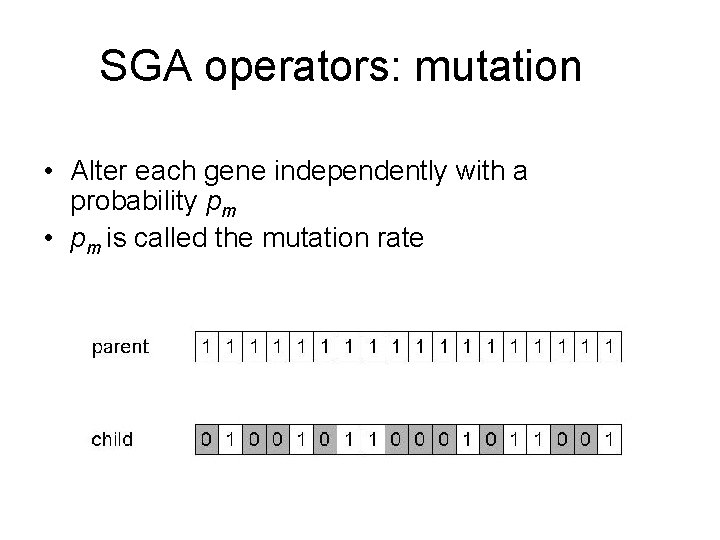 SGA operators: mutation • Alter each gene independently with a probability pm • pm