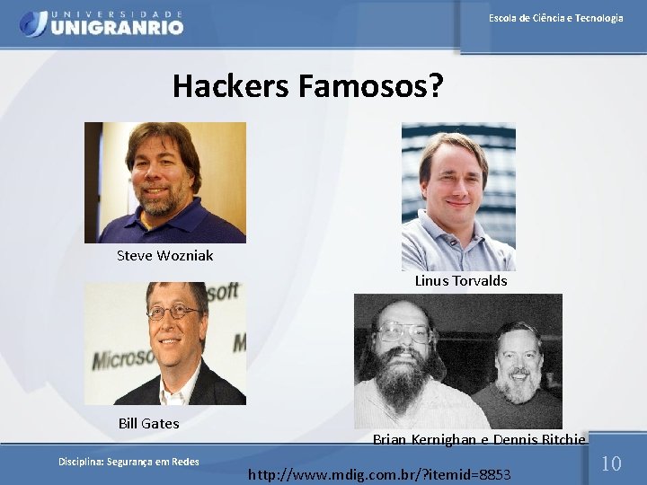 Escola de Ciência e Tecnologia Hackers Famosos? Steve Wozniak Linus Torvalds Bill Gates Disciplina: