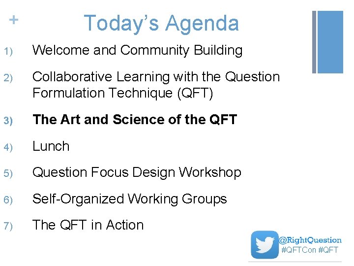 + Today’s Agenda 1) Welcome and Community Building 2) Collaborative Learning with the Question