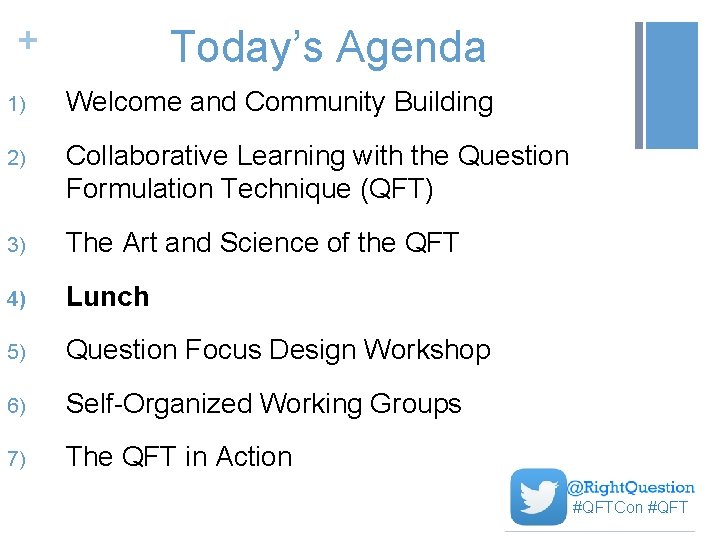 + Today’s Agenda 1) Welcome and Community Building 2) Collaborative Learning with the Question