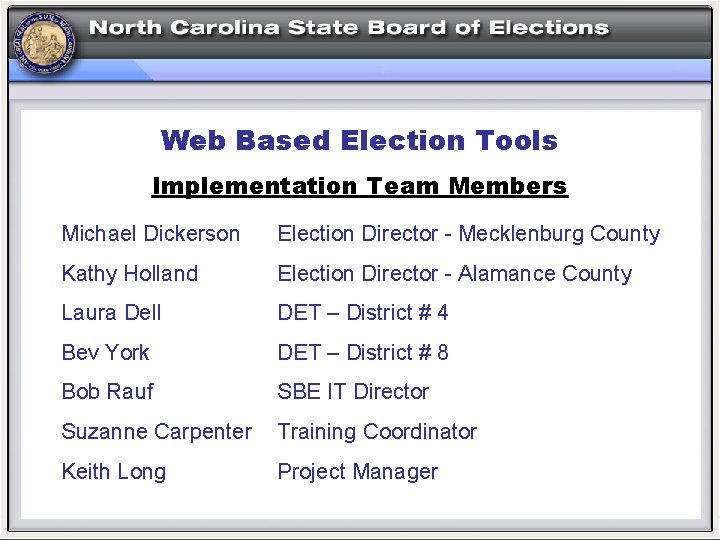 Web Based Election Tools Web Based Implementation Team Members Michael Dickerson Election Director -