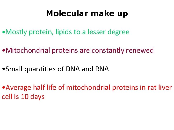 Molecular make up • Mostly protein, lipids to a lesser degree • Mitochondrial proteins