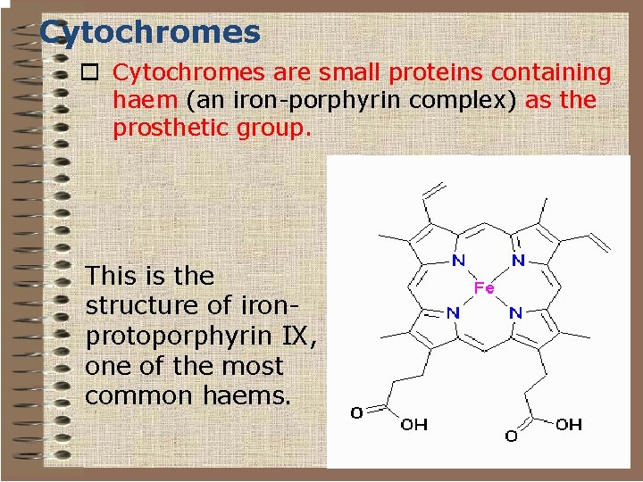 Cytochromes o Cytochromes are small proteins containing haem (an iron-porphyrin complex) as the prosthetic