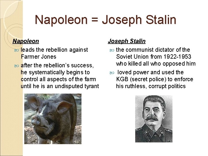 Napoleon = Joseph Stalin Napoleon leads the rebellion against Farmer Jones after the rebellion’s
