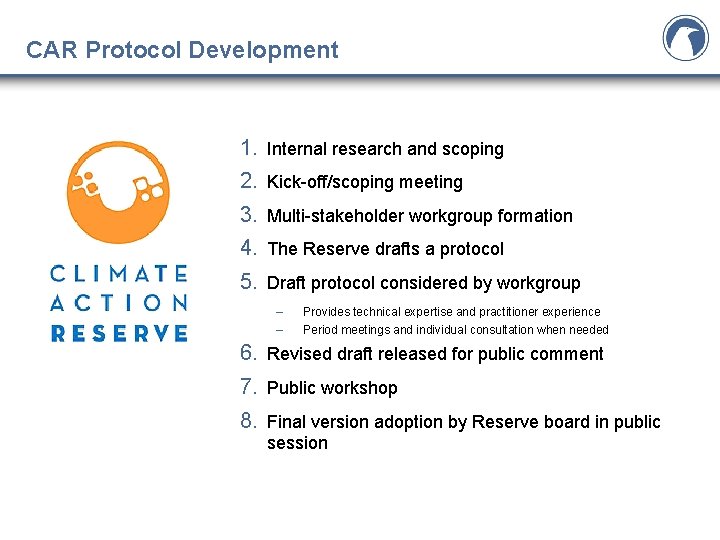 CAR Protocol Development 1. Internal research and scoping 2. Kick-off/scoping meeting 3. Multi-stakeholder workgroup CAR Protocol Development 1. Internal research and scoping 2. Kick-off/scoping meeting 3. Multi-stakeholder workgroup