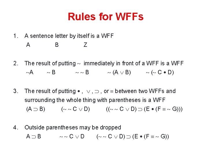 Rules for WFFs 1. A sentence letter by itself is a WFF A 2.