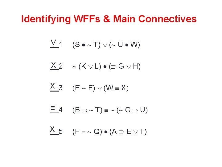 Identifying WFFs & Main Connectives ∨ 1 (S T) ( U W) X 2