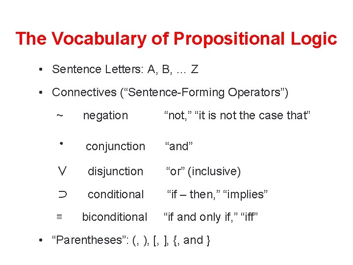 The Vocabulary of Propositional Logic • Sentence Letters: A, B, … Z • Connectives