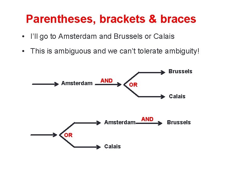 Parentheses, brackets & braces • I’ll go to Amsterdam and Brussels or Calais •