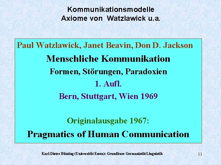 Kommunikationsmodelle Axiome von Watzlawick u. a. Paul Watzlawick, Janet Beavin, Don D. Jackson Menschliche